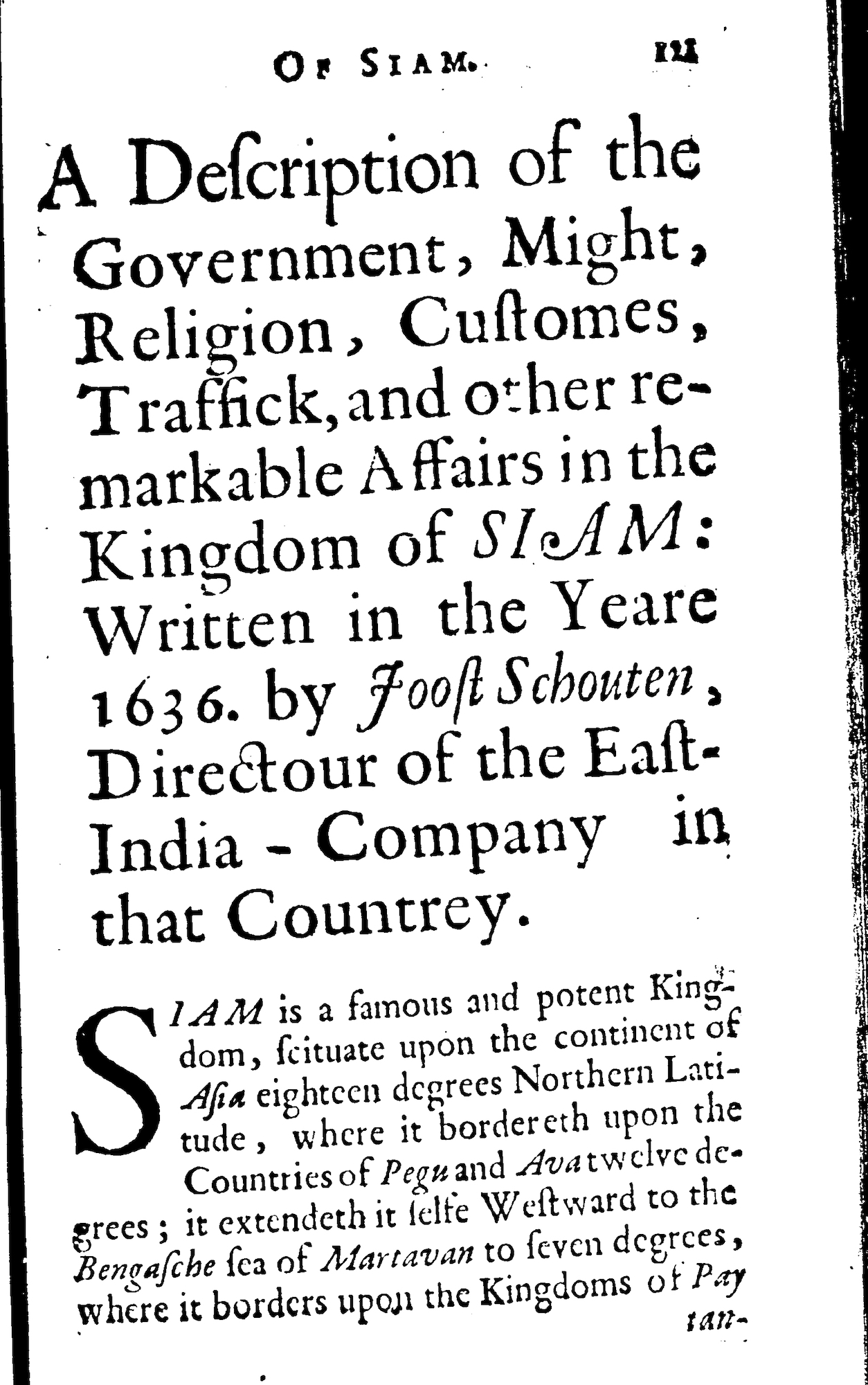 First page of Joost Schouten’s description of Siam