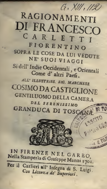 Cover page of the original Italian version of Carletti’s text